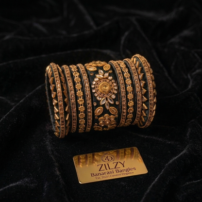 Zilzy "Curated Elegance" Banarasi Bangle Set – Black & Antique Gold