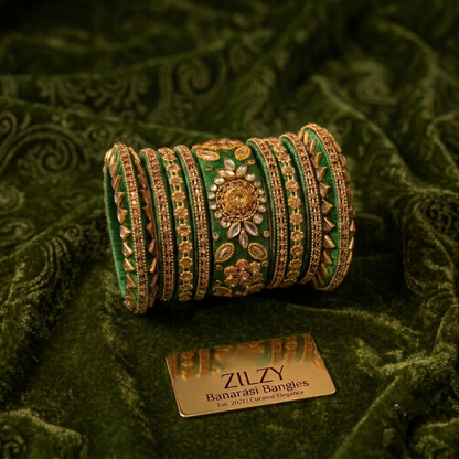 Zilzy "Curated Elegance" Banarasi Bangle Set – Black & Antique Gold