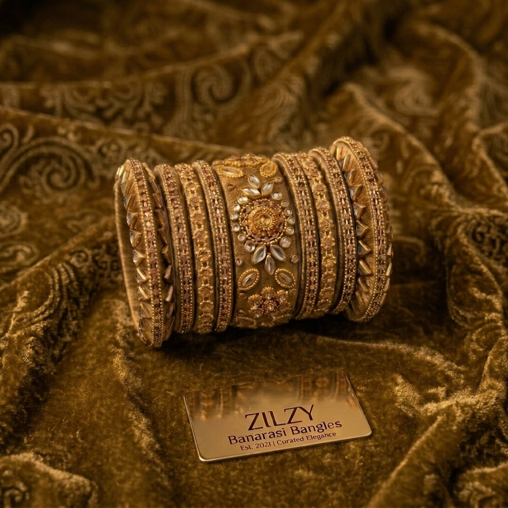 Zilzy "Curated Elegance" Banarasi Bangle Set – Black & Antique Gold