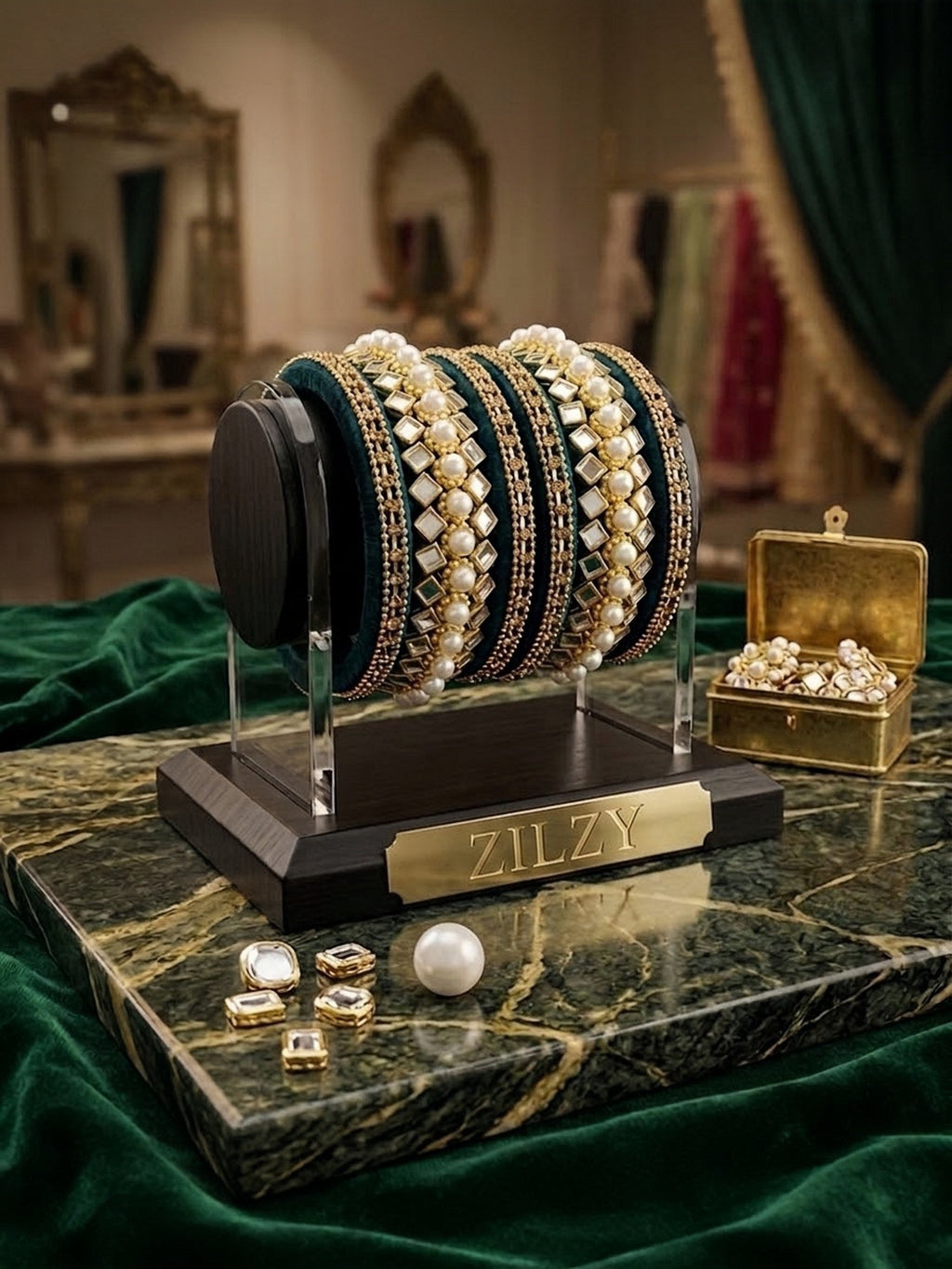 Zilzy Premium Emerald Green Pearl & Mirror-Work Bangle Set