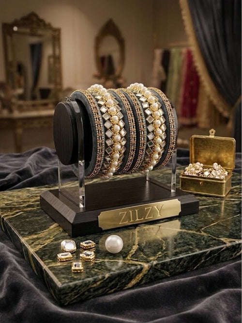 Zilzy Premium Emerald Green Pearl & Mirror-Work Bangle Set