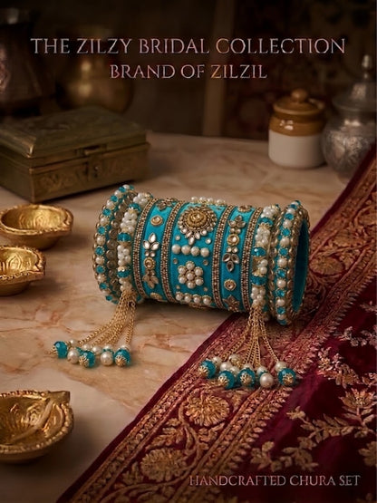 The Zilzy Bridal Collection – Handcrafted Turquoise & Pearl Kundan Chura Set