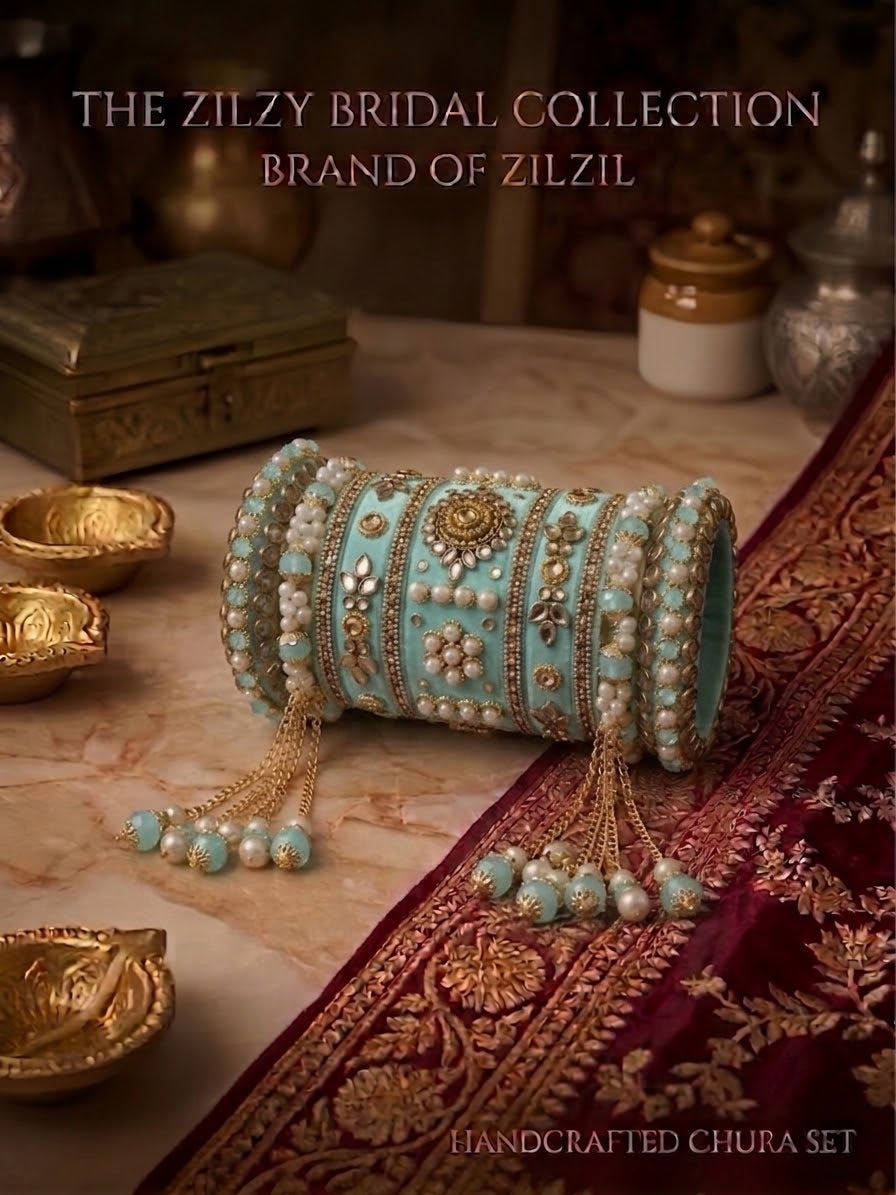 The Zilzy Bridal Collection – Handcrafted Turquoise & Pearl Kundan Chura Set