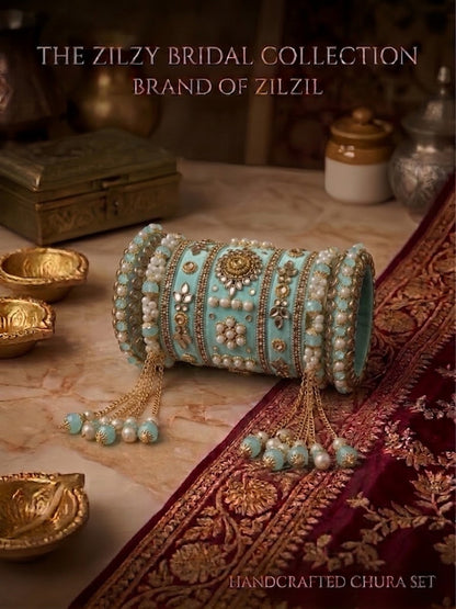 The Zilzy Bridal Collection – Handcrafted Turquoise & Pearl Kundan Chura Set