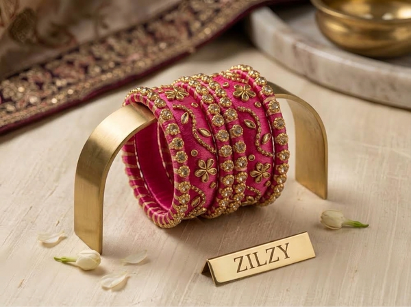 ZILZY Handcrafted Silk Thread Bangle Set with Royal Indian Kundan & Zari Floral Work - Traditional Festive Chura Set (Pair)